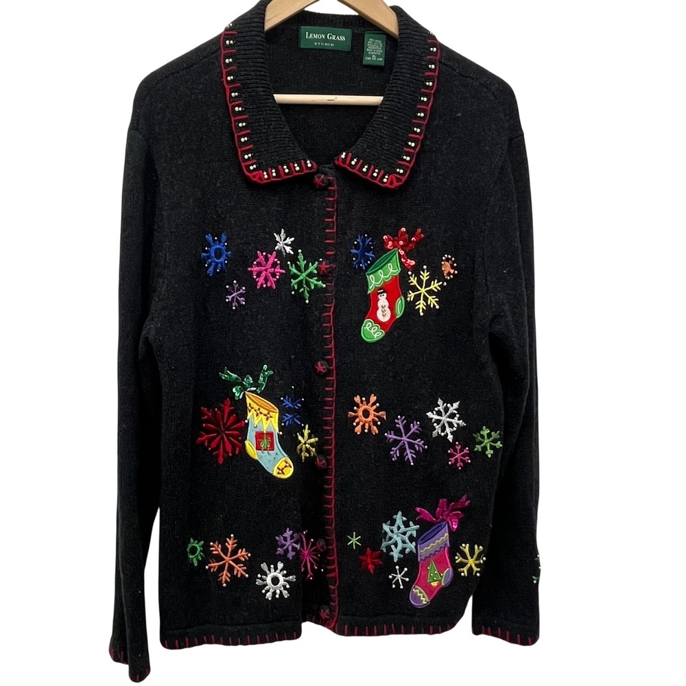 Lemon Grass XL Gray Christmas Cardigan Sweater Embroidered Stockings Snowflakes